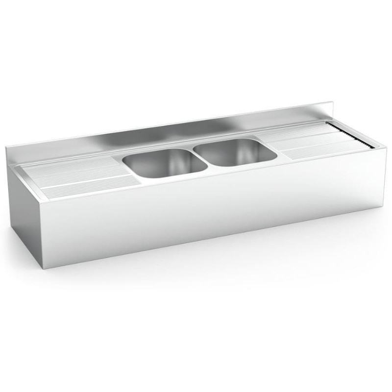 Fregadero inox colgante con faldón, 2 cubetas y 2 escurridores Fregadero inox colgante con faldón, 2 cubetas y 2 escurridores