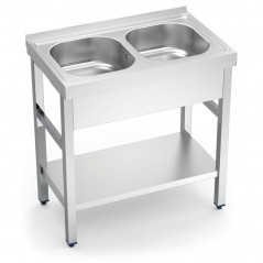 Fregadero inox con soporte y entrepaño, 2 cubetas