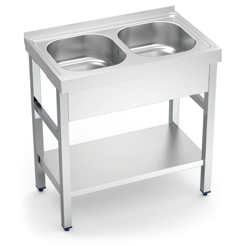 Fregadero inox con soporte y entrepaño, 2 cubetas Fregadero inox con soporte y entrepaño, 2 cubetas