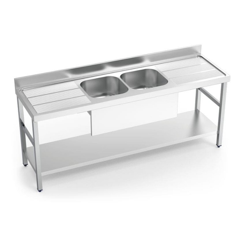Fregadero inox con soporte y entrepaño, 2 cubetas y 2 escurridores Fregadero inox con soporte y entrepaño, 2 cubetas y 2 escurridores