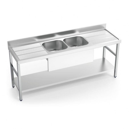 Fregadero inox con soporte y entrepaño, 2 cubetas y 2 escurridores