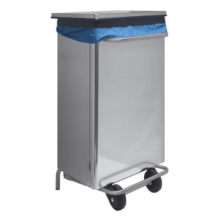 Cubo de basura industrial 110 litros en acero inoxidable con ruedas y soporte para bolsa