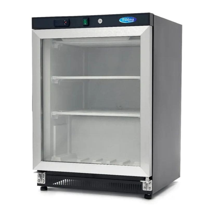 Congelador 200 litros con puertas de cristal, dos estantes y ruedas traseras Maxima Congelador 200 litros con puertas de cristal, dos estantes y ruedas traseras Maxima