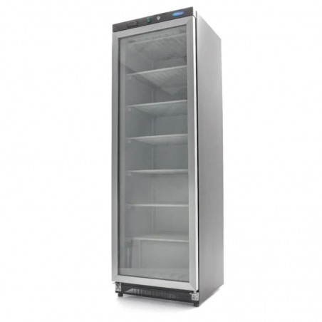 Congelador 400 litros con puerta de cristal, seis estantes y ruedas traseras Maxima