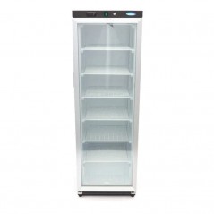Congelador 400 litros con puerta de cristal, seis estantes y ruedas traseras Maxima