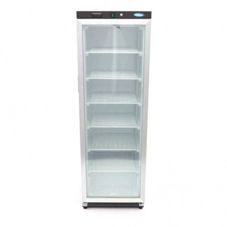 Congelador 400 litros con puerta de cristal, seis estantes y ruedas traseras Maxima