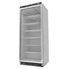 Congelador 600 litros con puerta de cristal, 6 estantes fijos y ruedas traseras Maxima
