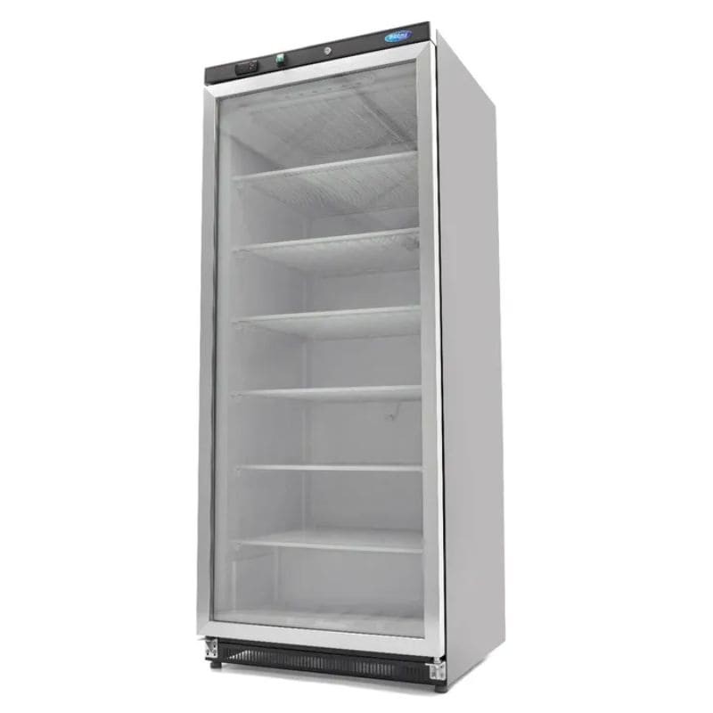 Congelador 600 litros con puerta de cristal, 6 estantes fijos y ruedas traseras Maxima