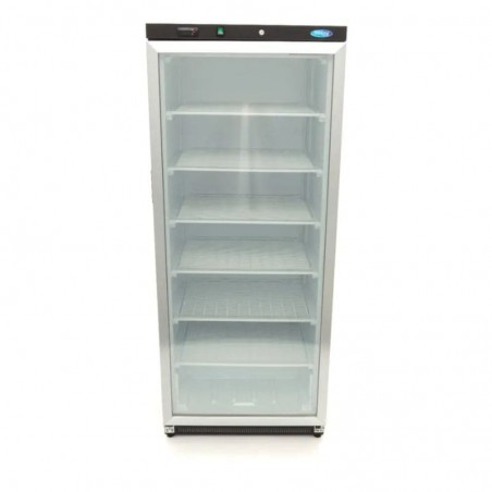Congelador 600 litros con puerta de cristal, 6 estantes fijos y ruedas traseras Maxima