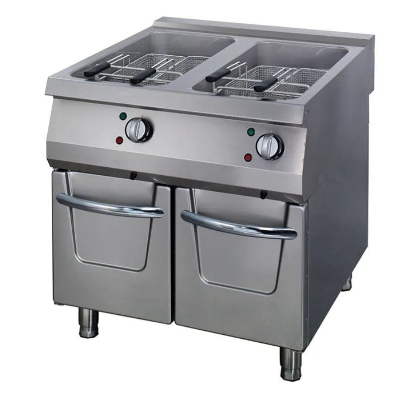 Freidora eléctrica doble con mueble y grifo de vaciado 22+22 litros fondo 900 Premium Maxima Freidora eléctrica doble con mueble y grifo de vaciado 22+22 litros fondo 900 Premium Maxima