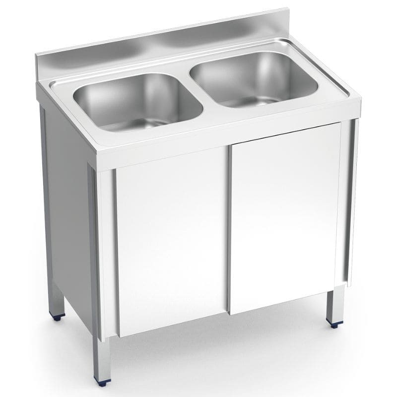 Fregadero con 2 cubetas y mueble de puertas correderas Fregadero con 2 cubetas y mueble de puertas correderas