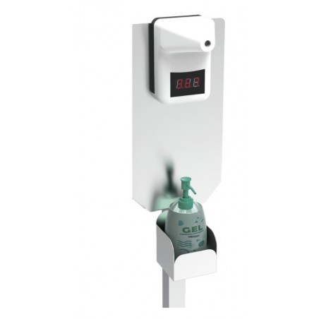Sistema control de temperatura con termómetro y soporte para gel hidroalcohólico.