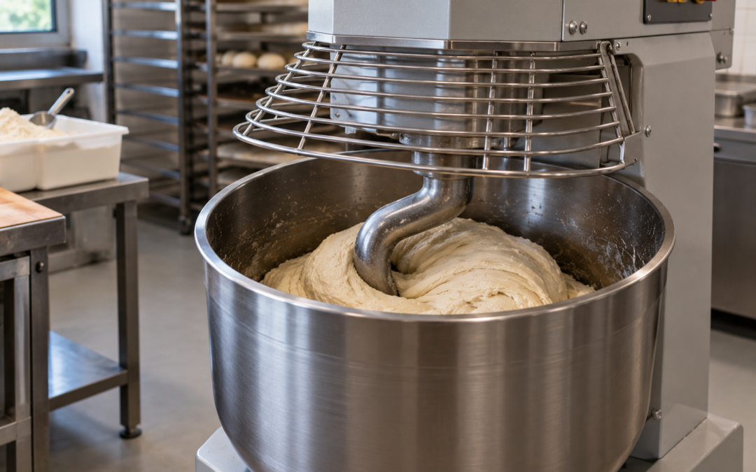 Amasadora espiral profesional trabajando masa de pan en una panadería