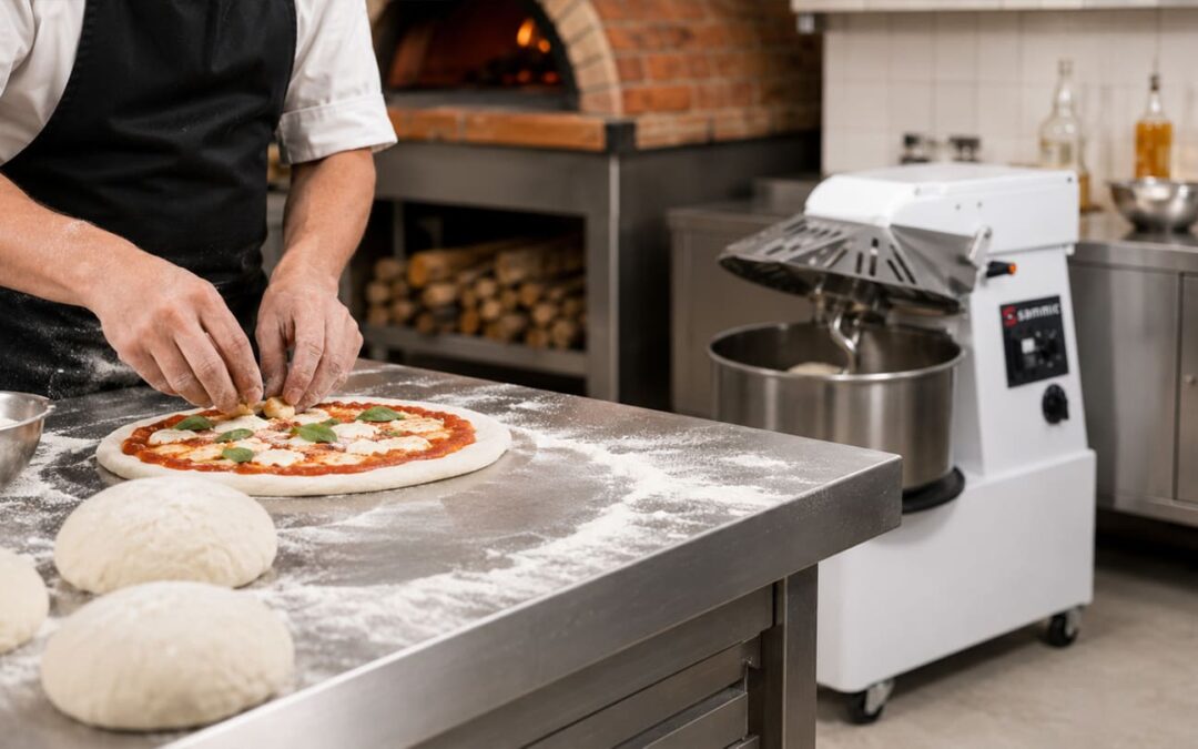 Amasadora Sammic profesional para panadería y pizzería trabajando masa